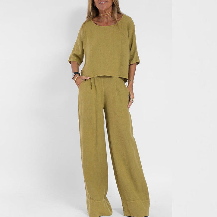 Women's Linen 2 Piece Wide Leg Trousers Lounge Set