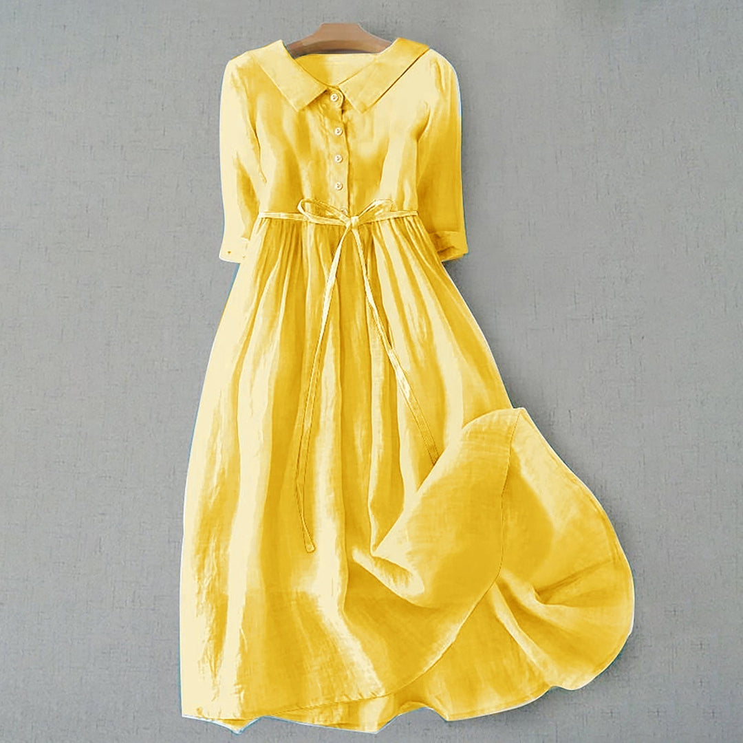 Women's Button Front Maxi Dress Tie Waist Collar