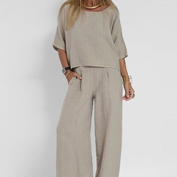 Women's Linen 2 Piece Wide Leg Trousers Lounge Set