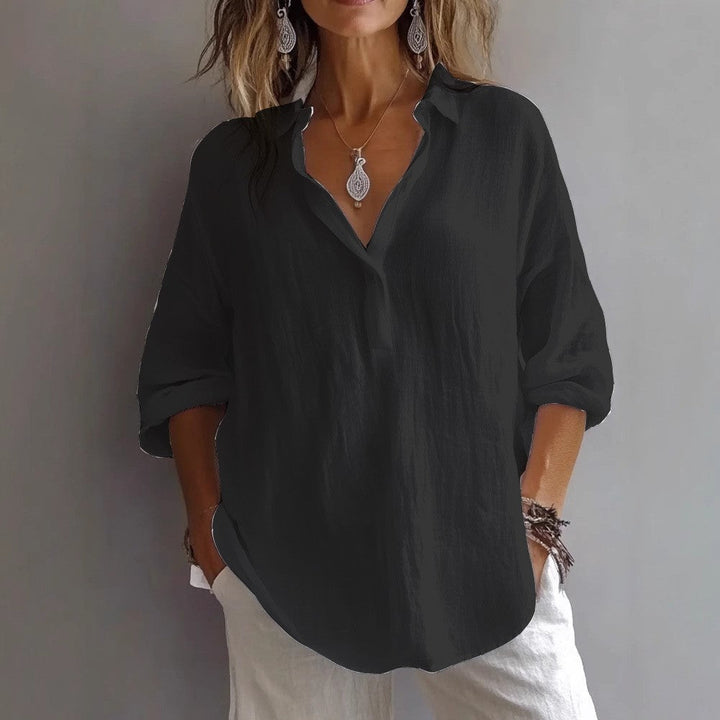 Women's Casual Linen Shirt with Button Placket and Wide Sleeve