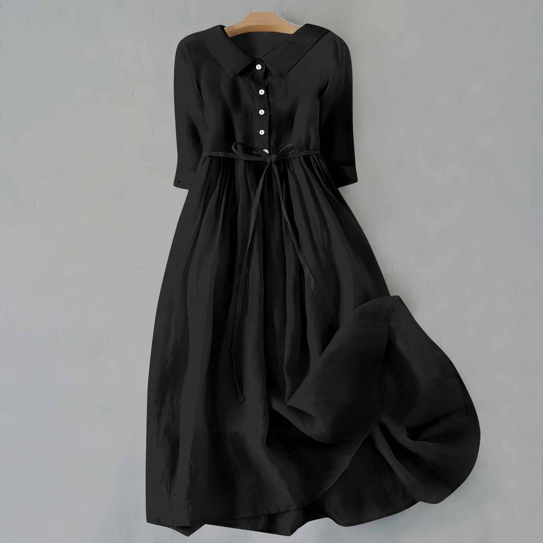 Women's Button Front Maxi Dress Tie Waist Collar