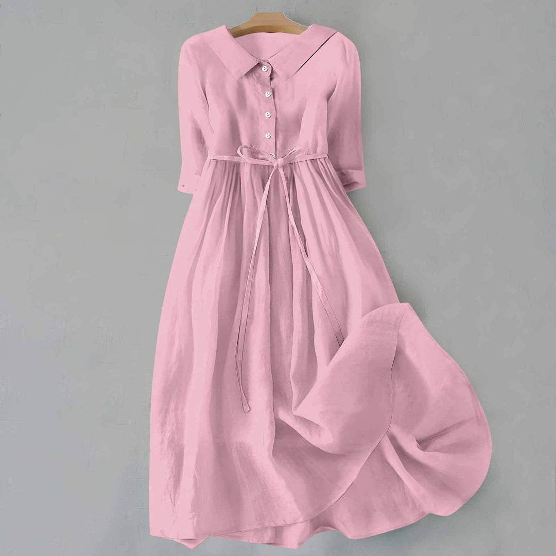 Women's Button Front Maxi Dress Tie Waist Collar