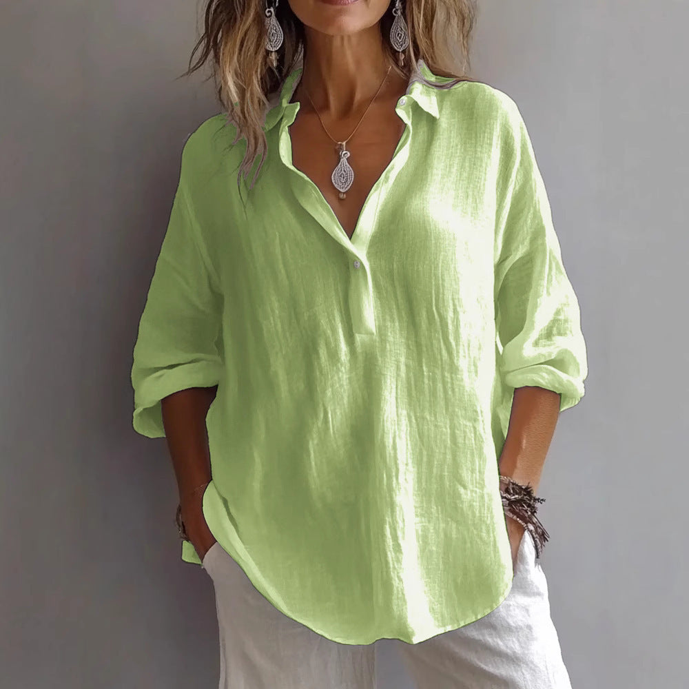 Women's Casual Linen Shirt with Button Placket and Wide Sleeve