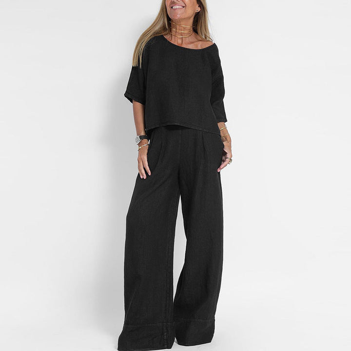 Women's Linen 2 Piece Wide Leg Trousers Lounge Set