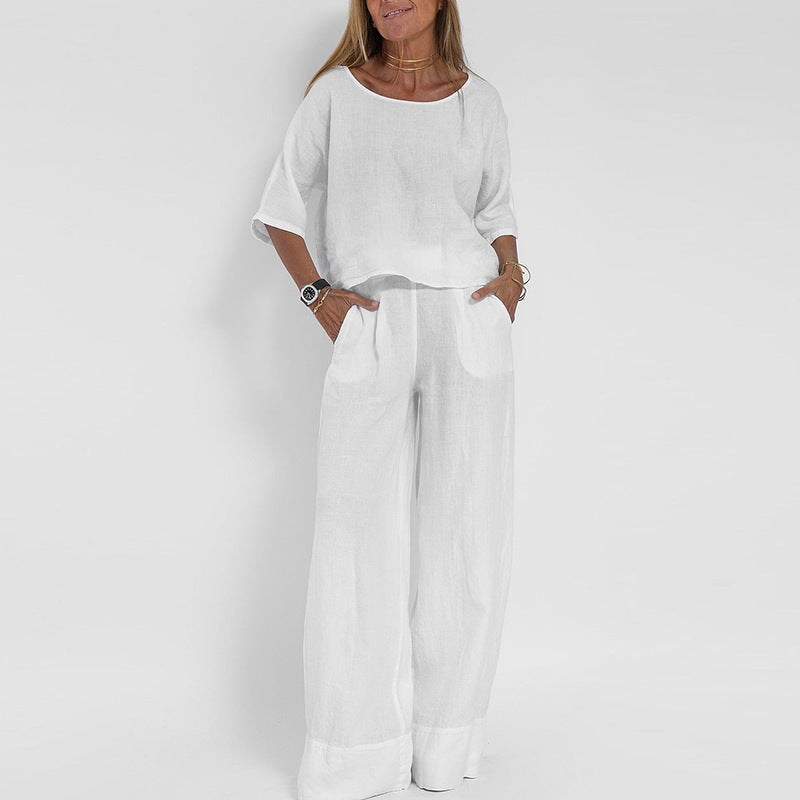 Women's Linen 2 Piece Wide Leg Trousers Lounge Set