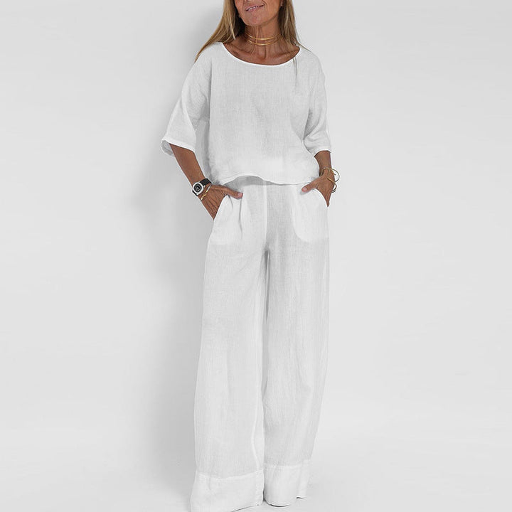 Women's Linen 2 Piece Wide Leg Trousers Lounge Set