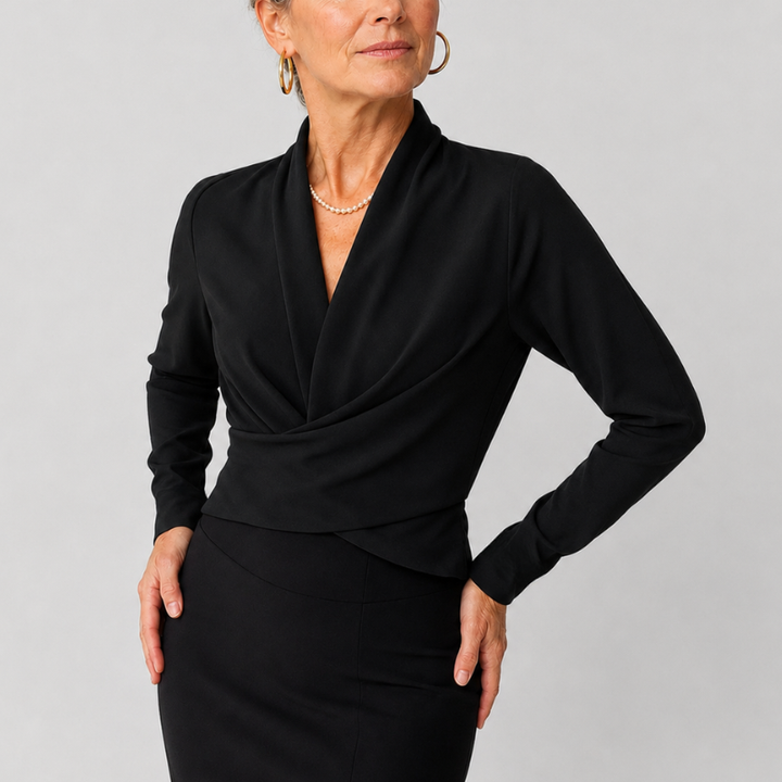 Women's Wrap Blouse with Draped V-Neckline and Long Sleeve Crossover Top