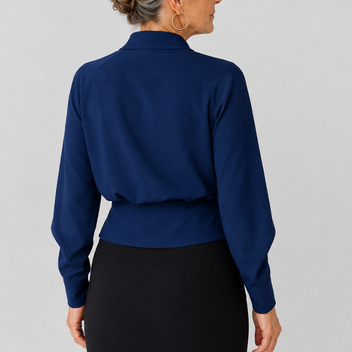 Women's Wrap Blouse with Draped V-Neckline and Long Sleeve Crossover Top