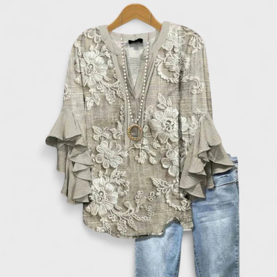 Women's Baroque Floral Print Ruffle Sleeve V-Neck Blouse