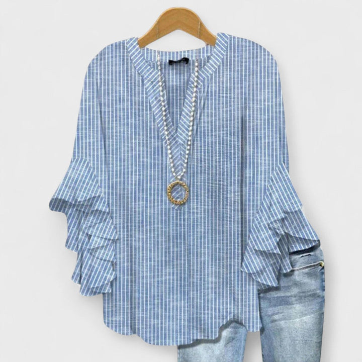 Women's Baroque Floral Print Ruffle Sleeve V-Neck Blouse