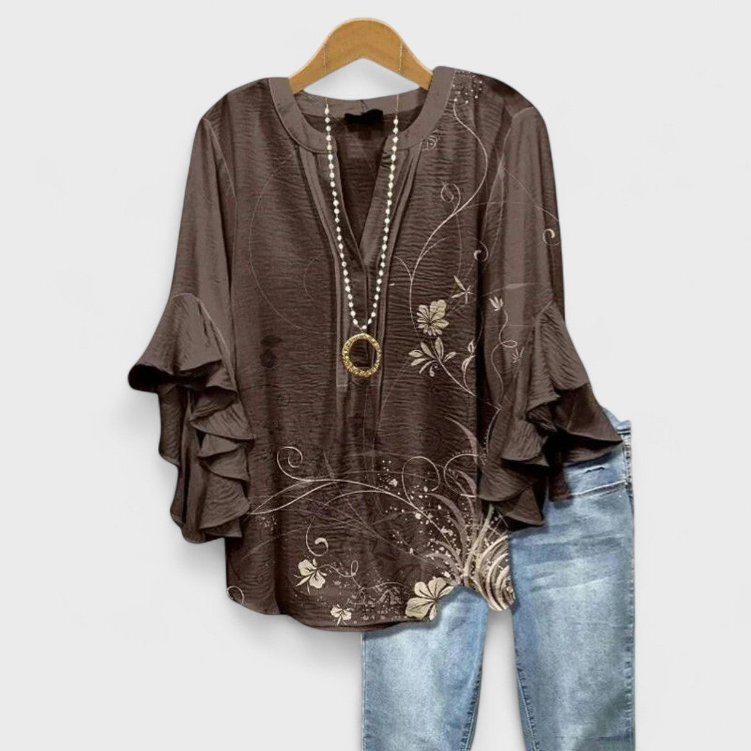 Women's Baroque Floral Print Ruffle Sleeve V-Neck Blouse