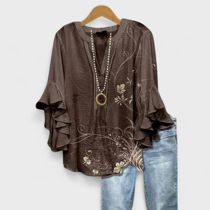 Women's Baroque Floral Print Ruffle Sleeve V-Neck Blouse