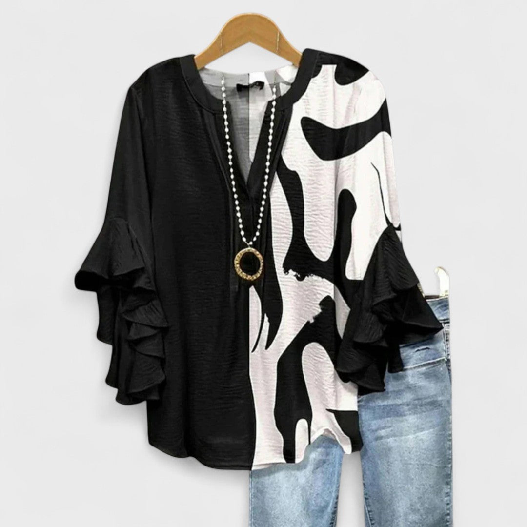 Women's Baroque Floral Print Ruffle Sleeve V-Neck Blouse