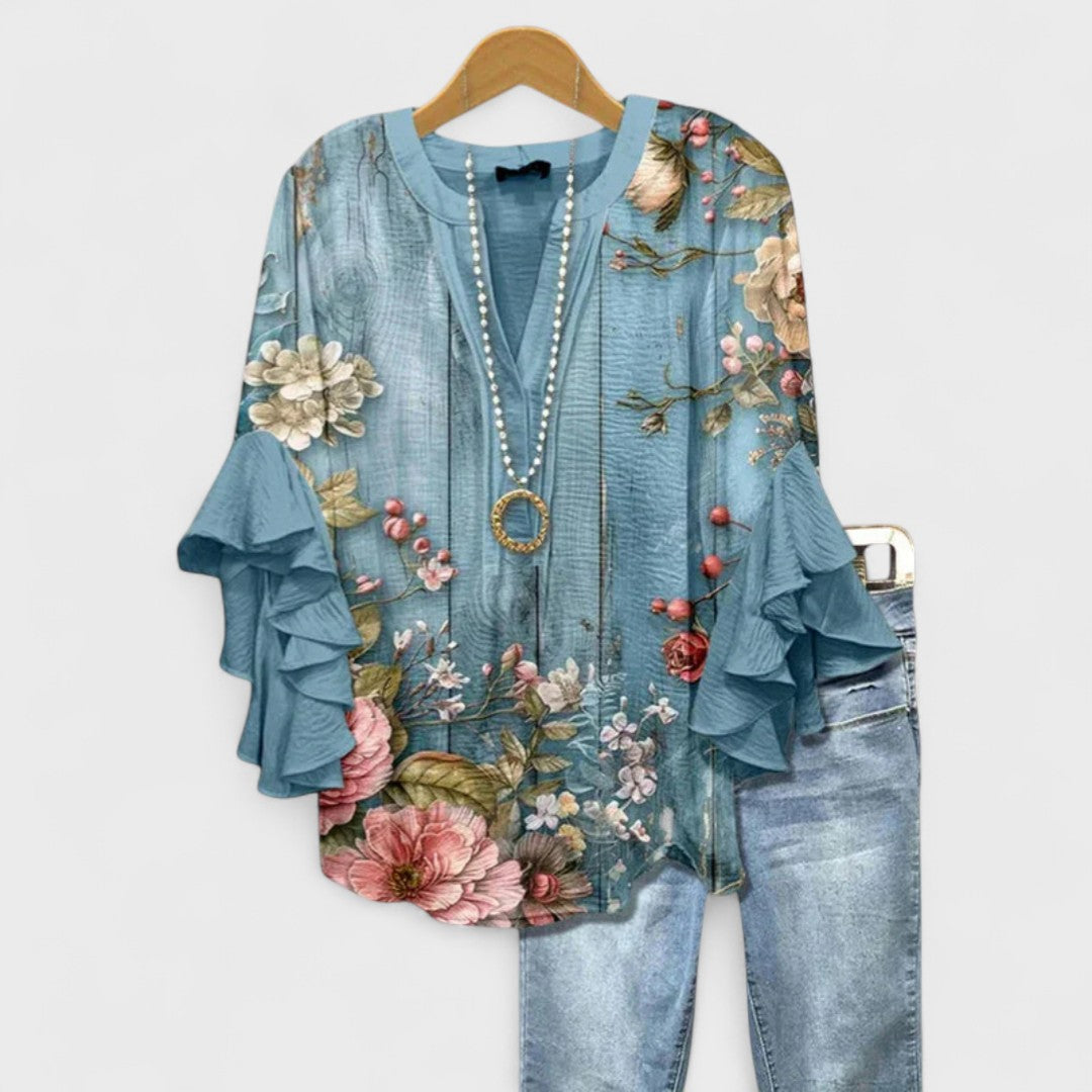Women's Baroque Floral Print Ruffle Sleeve V-Neck Blouse