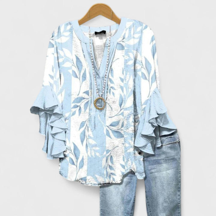 Women's Baroque Floral Print Ruffle Sleeve V-Neck Blouse