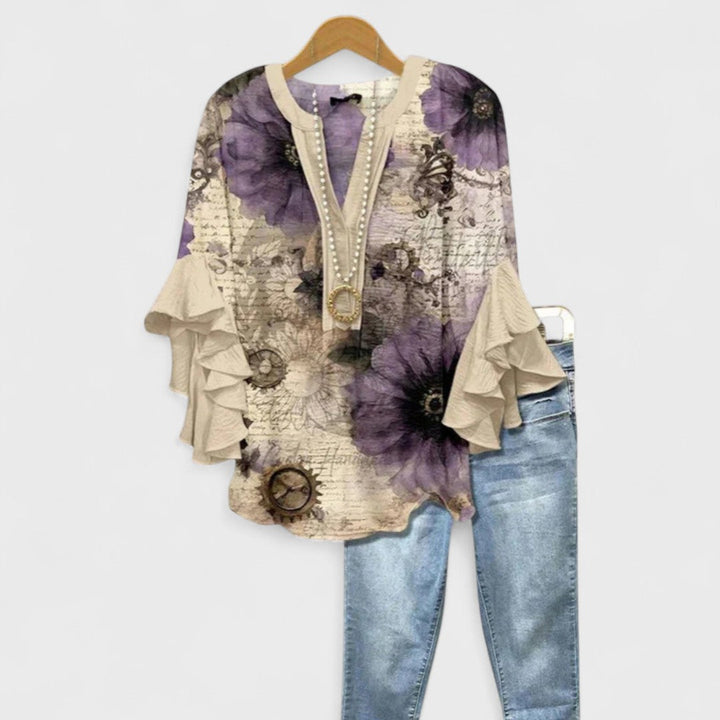 Women's Baroque Floral Print Ruffle Sleeve V-Neck Blouse