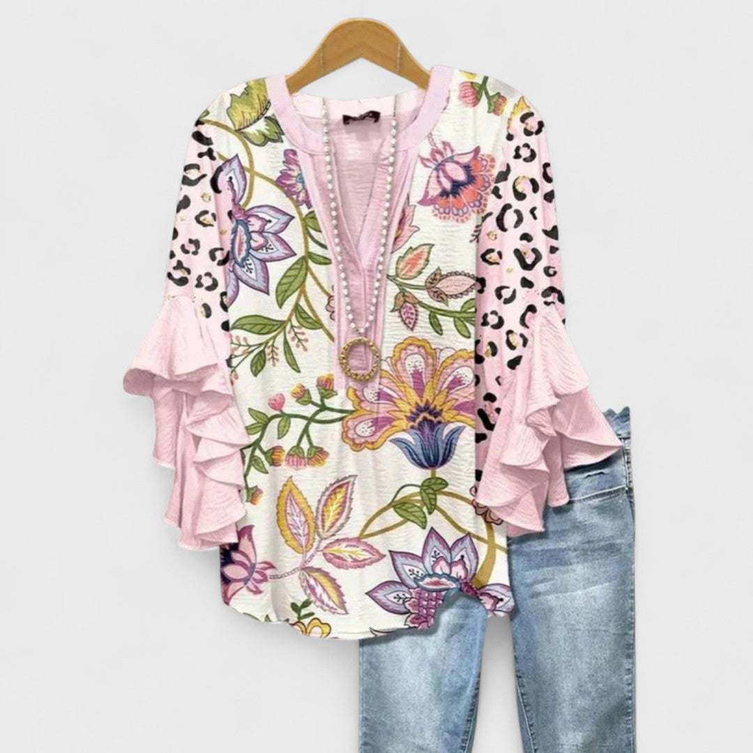 Women's Baroque Floral Print Ruffle Sleeve V-Neck Blouse