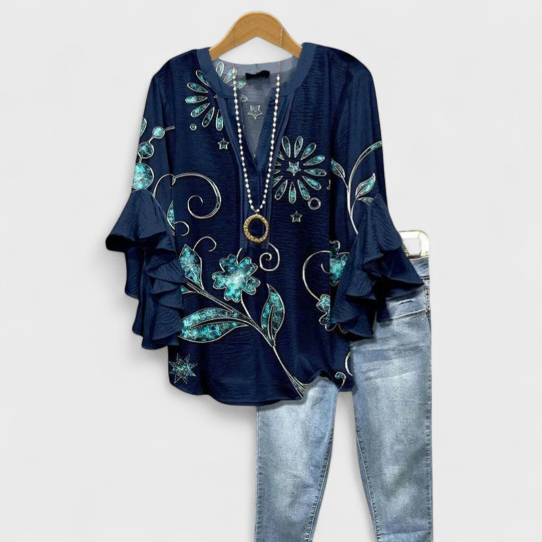 Women's Baroque Floral Print Ruffle Sleeve V-Neck Blouse