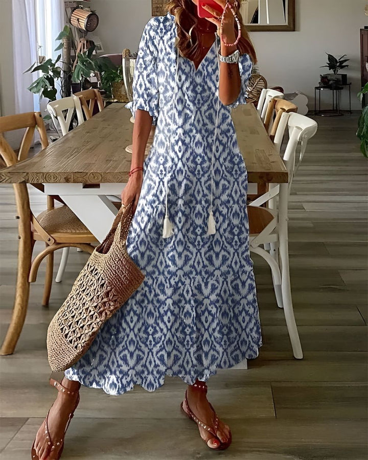 Women's Boho Ikat Print Tassel Tie V-Neck Ruffle Sleeve Maxi Dress