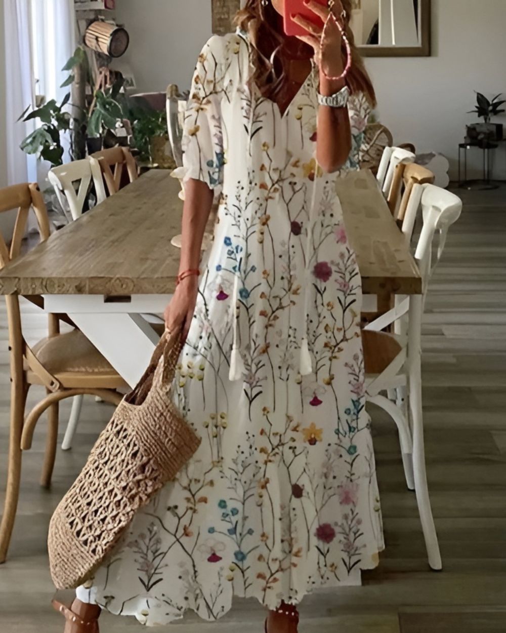 Women's Boho Ikat Print Tassel Tie V-Neck Ruffle Sleeve Maxi Dress