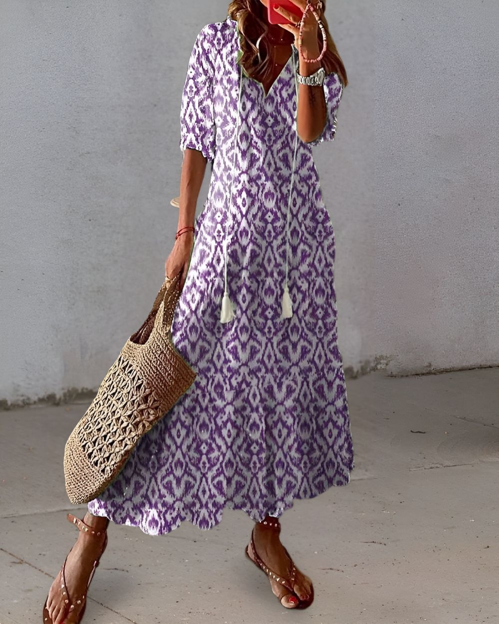 Women's Boho Ikat Print Tassel Tie V-Neck Ruffle Sleeve Maxi Dress