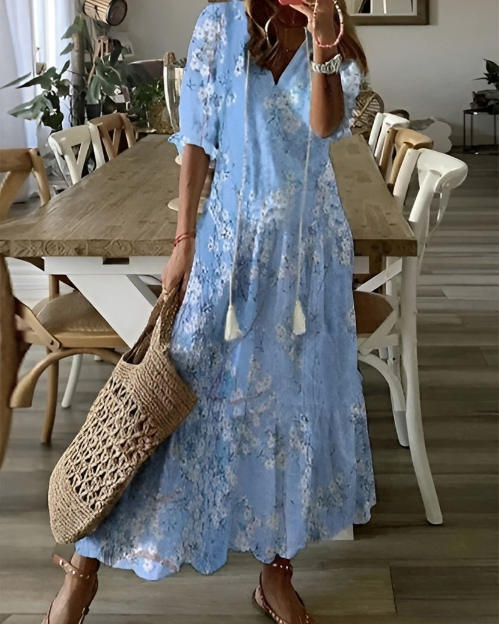 Women's Boho Ikat Print Tassel Tie V-Neck Ruffle Sleeve Maxi Dress