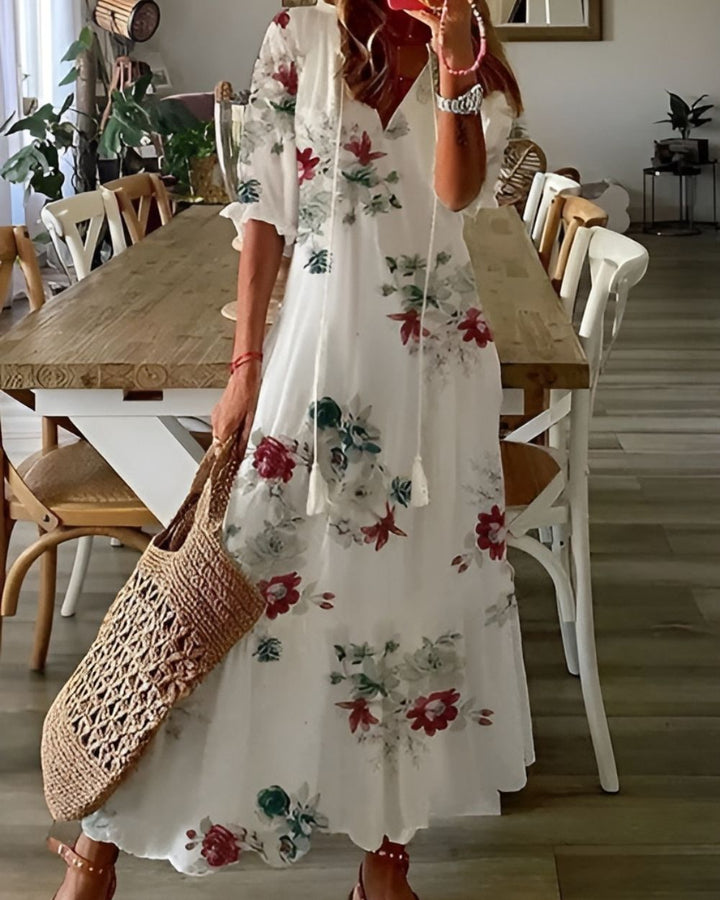 Women's Boho Ikat Print Tassel Tie V-Neck Ruffle Sleeve Maxi Dress