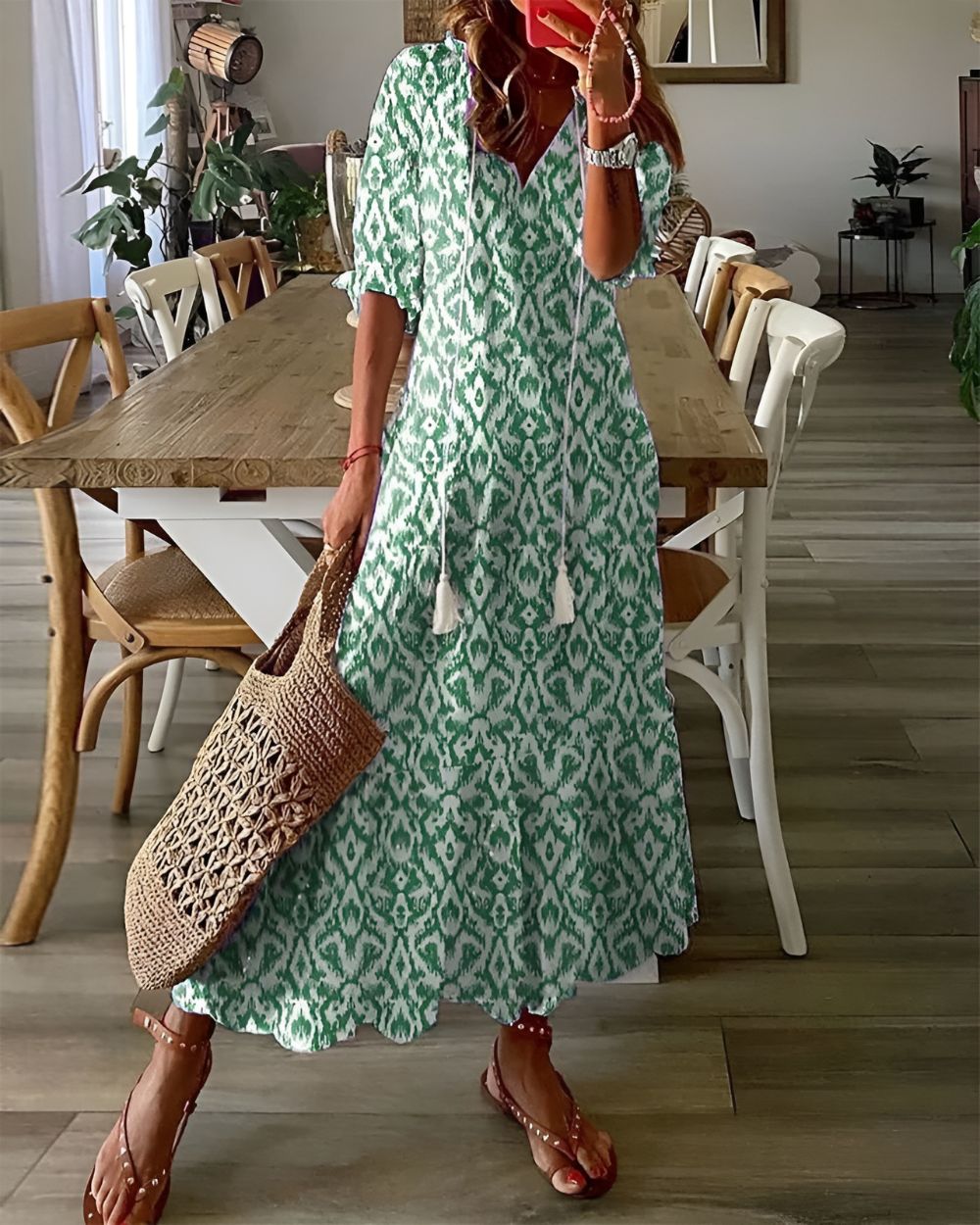 Women's Boho Ikat Print Tassel Tie V-Neck Ruffle Sleeve Maxi Dress