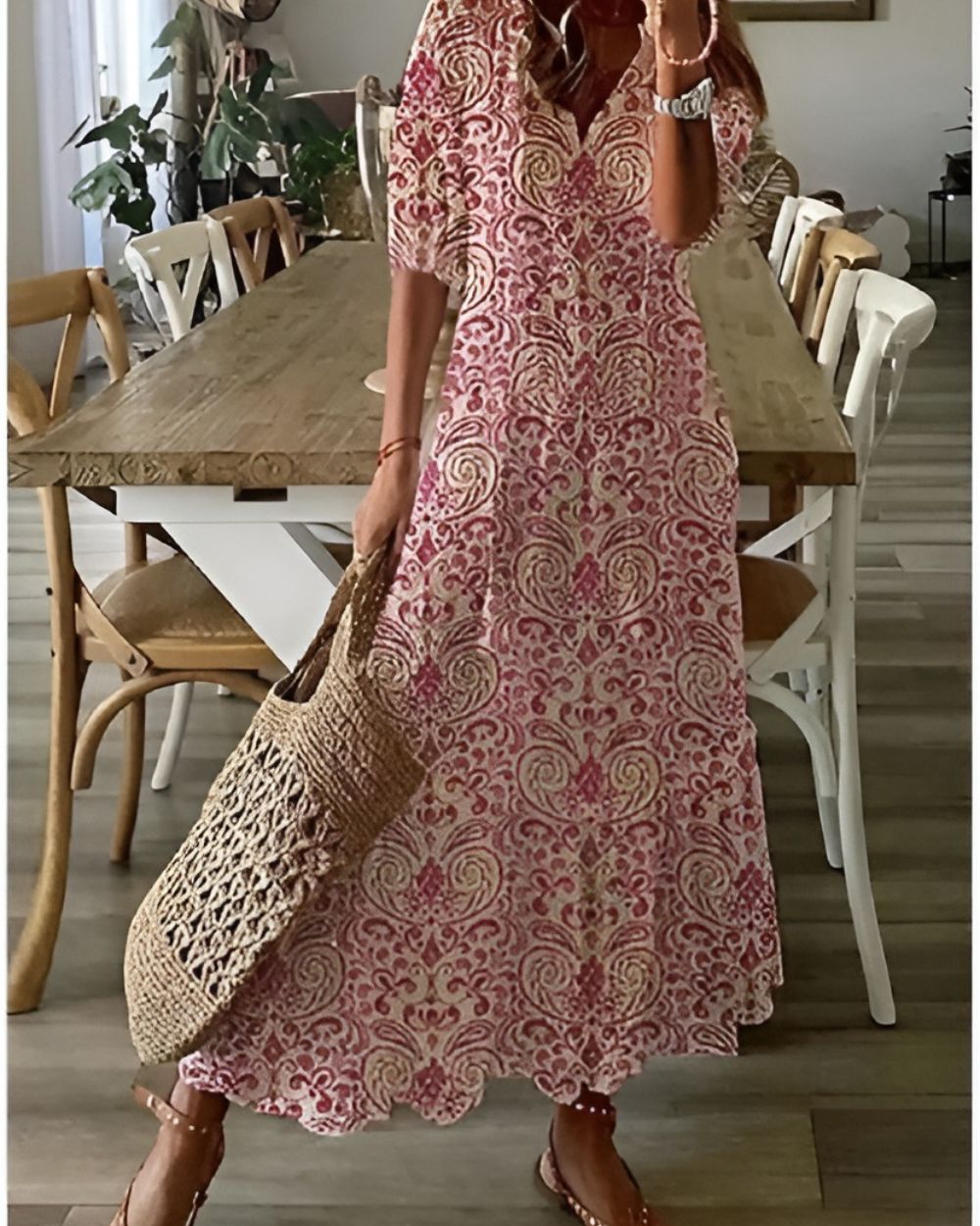 Women's Boho Ikat Print Tassel Tie V-Neck Ruffle Sleeve Maxi Dress