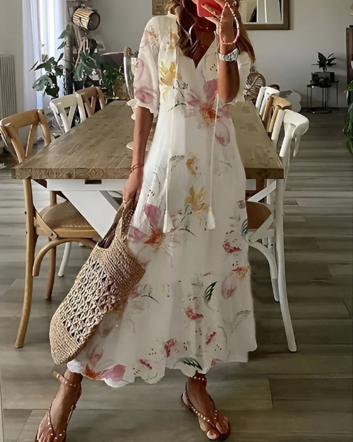 Women's Boho Ikat Print Tassel Tie V-Neck Ruffle Sleeve Maxi Dress