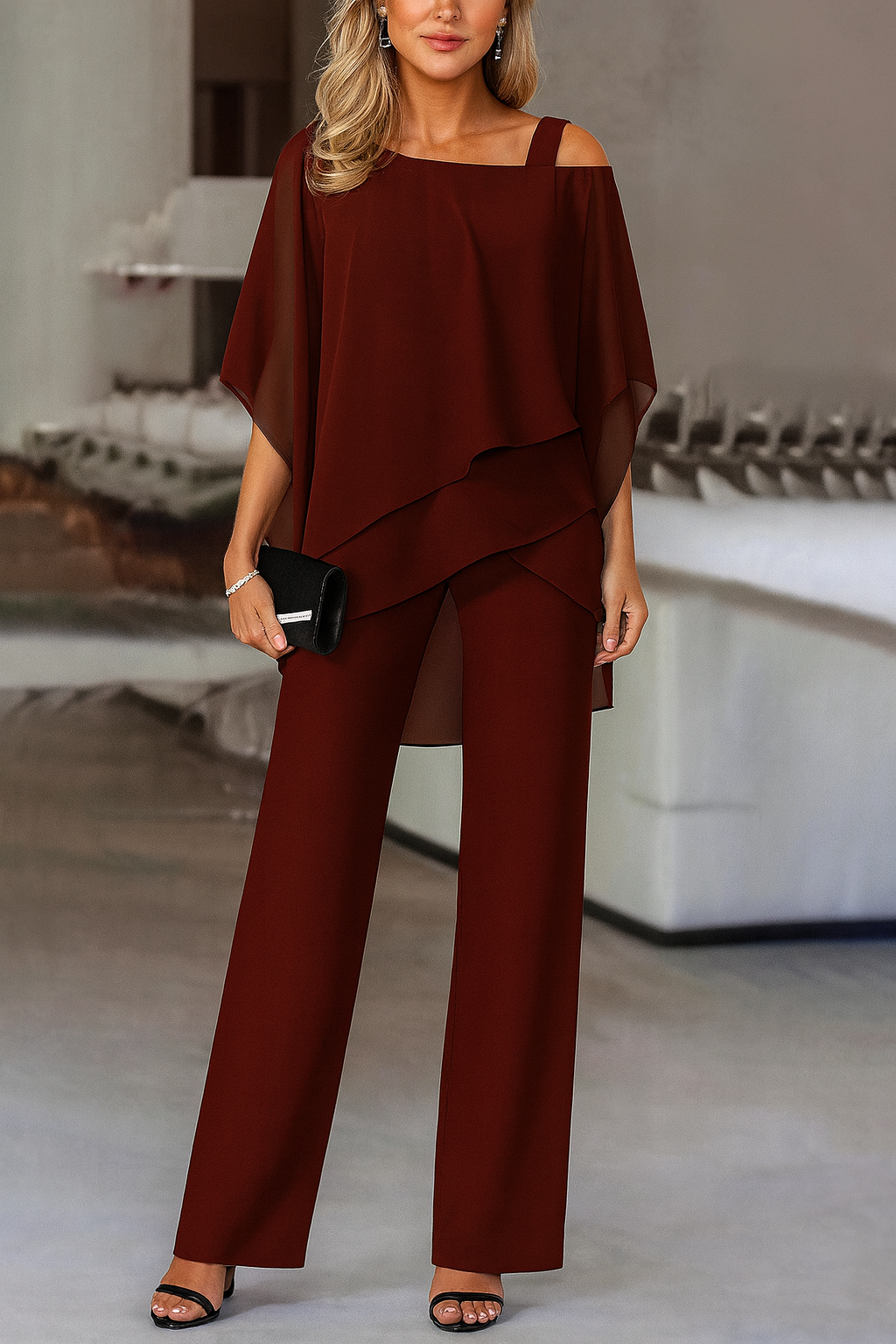 Women's Two-Piece Chiffon Layered Top and Wide-Leg Trousers Set