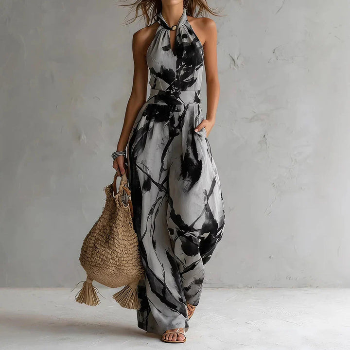 Women's Abstract Print Halter Neck Flowy Wide-Leg Maxi Dress