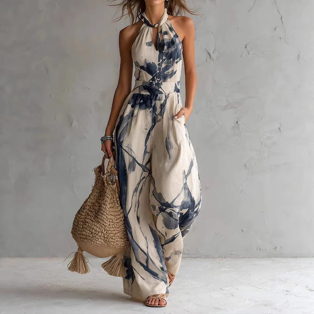 Women's Abstract Print Halter Neck Flowy Wide-Leg Maxi Dress