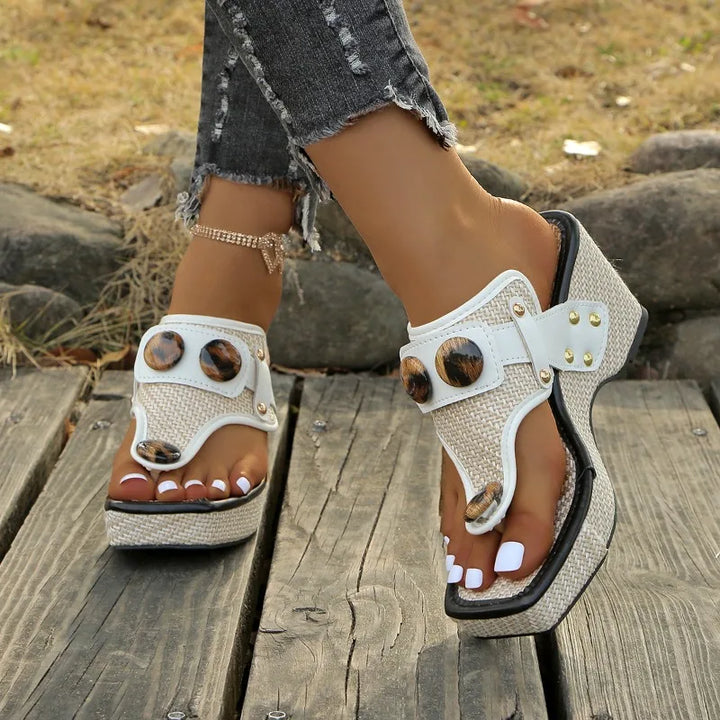 Women's Thong Toe Woven Wedge Platform Sandals Buckle Detail