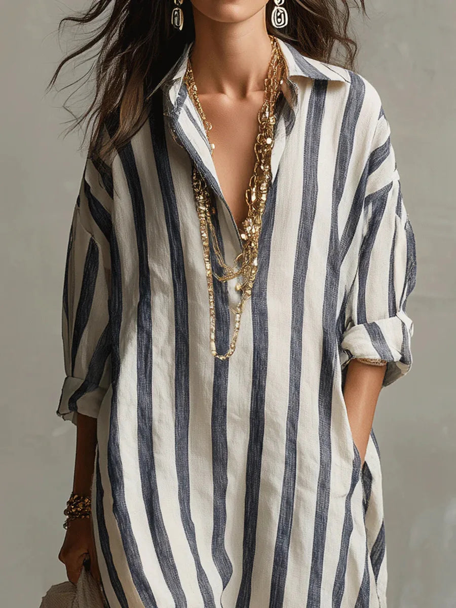 Women's Striped Linen Blend Collared V-Neck Maxi Shirt Dress