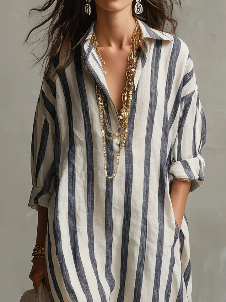 Women's Striped Linen Blend Collared V-Neck Maxi Shirt Dress