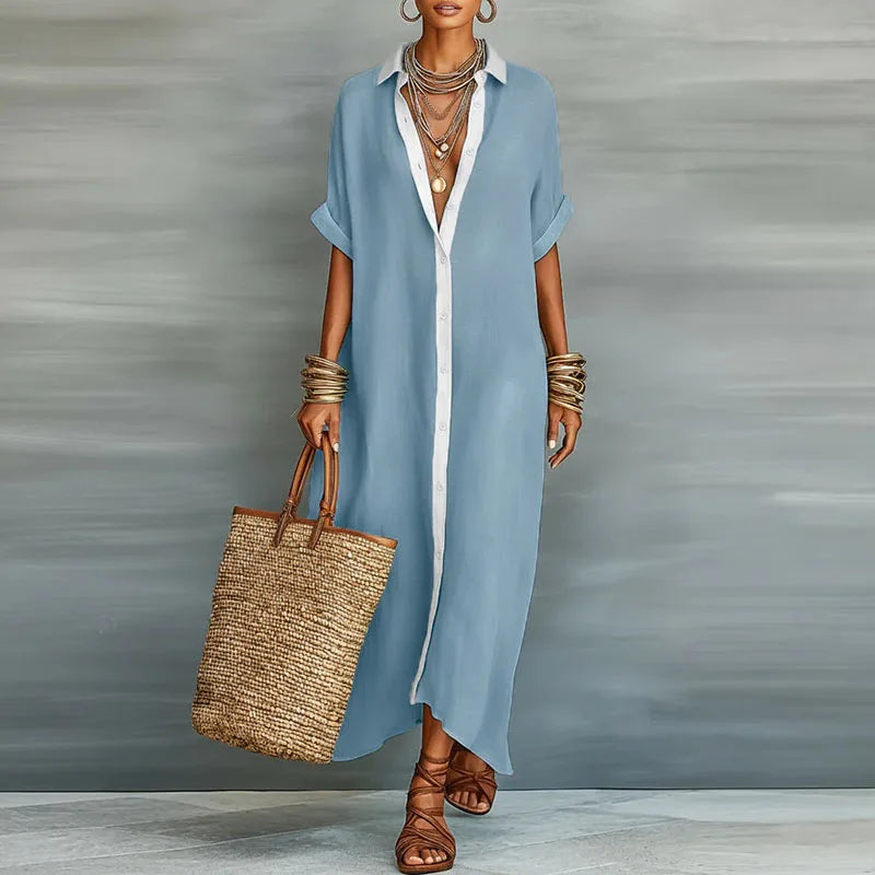 Women's Linen Blend Button-Down Collared Maxi Shirt Dress