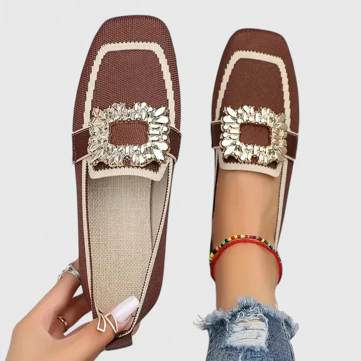 Women's Orthopedic Knit Loafers Square Toe Crystal Buckle