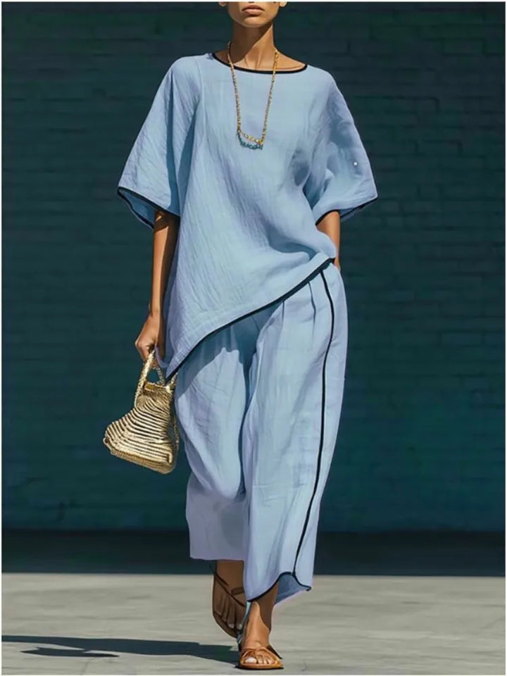 Women's Linen Two Piece Set Short Sleeve Top Wide Leg Trousers
