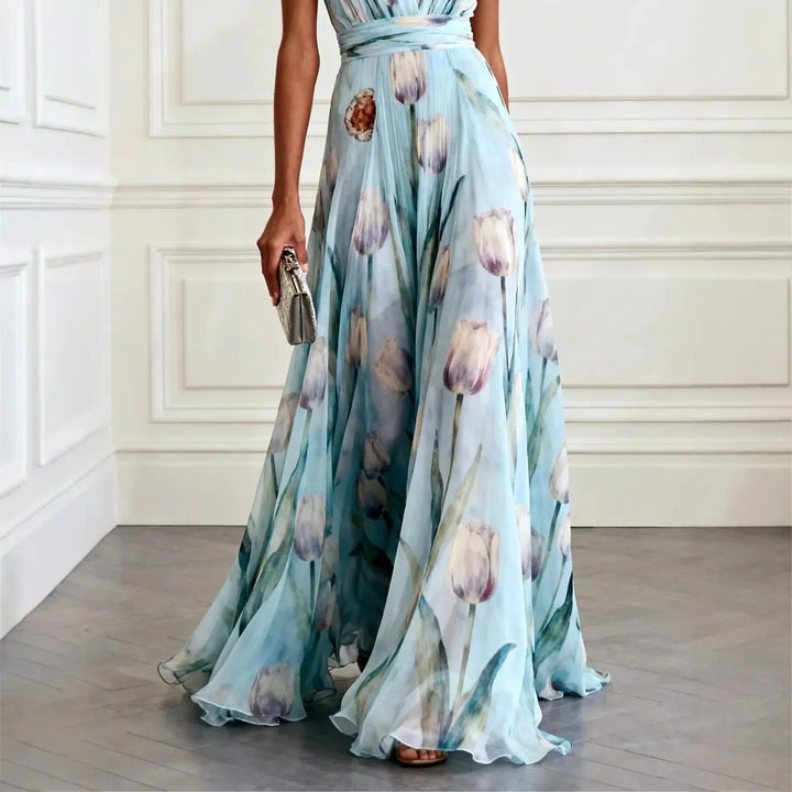 Women's Tulip Print Wedding Guest Maxi Dress with V-Neck and Brooch Detail