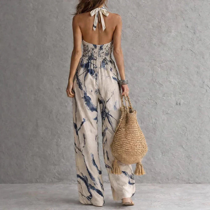Women's Abstract Print Halter Neck Flowy Wide-Leg Maxi Dress