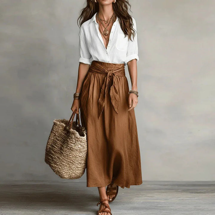 Women's Linen Co-Ord Set Button Blouse Tie Waist Skirt