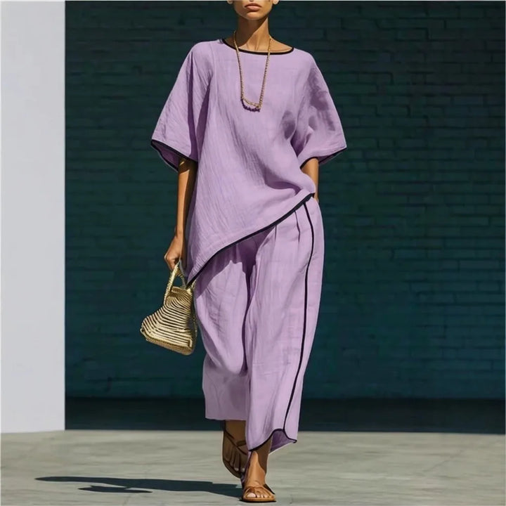 Women's Linen Two Piece Set Short Sleeve Top Wide Leg Trousers