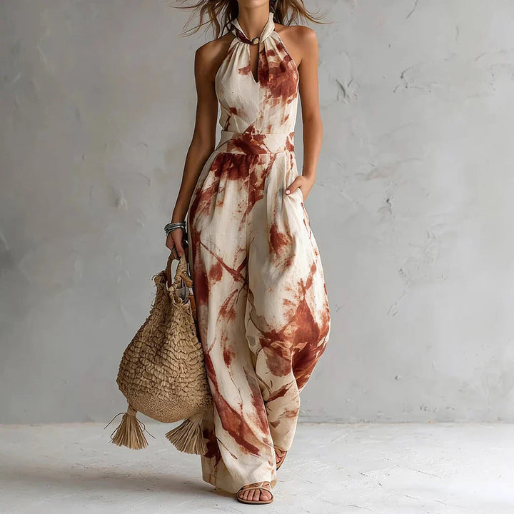 Women's Abstract Print Halter Neck Flowy Wide-Leg Maxi Dress