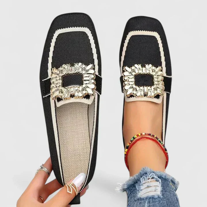 Women's Orthopedic Knit Loafers Square Toe Crystal Buckle