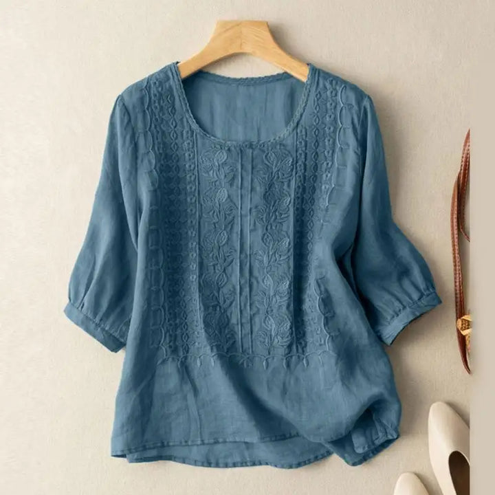 Women's Embroidered Linen Blouse Relaxed Fit Round Neck