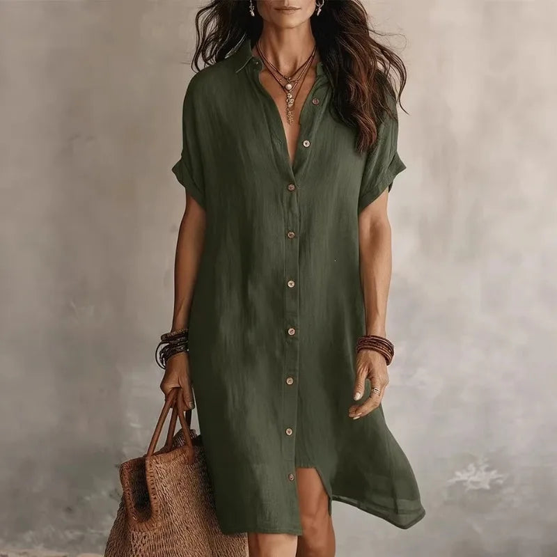 Women's Button-Down Short Sleeve Collared Midi Shirt Dress