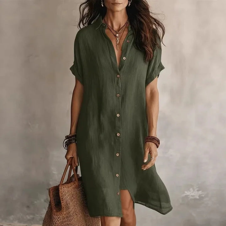 Women's Button-Down Short Sleeve Collared Midi Shirt Dress