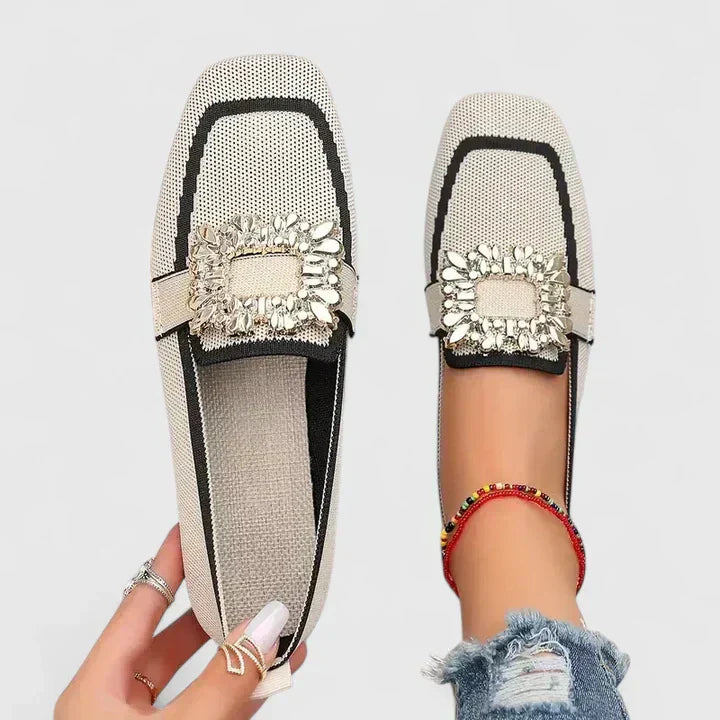 Women's Orthopedic Knit Loafers Square Toe Crystal Buckle