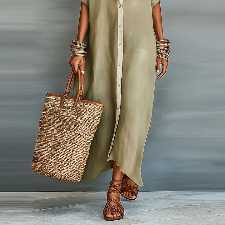 Women's Linen Blend Button-Down Collared Maxi Shirt Dress